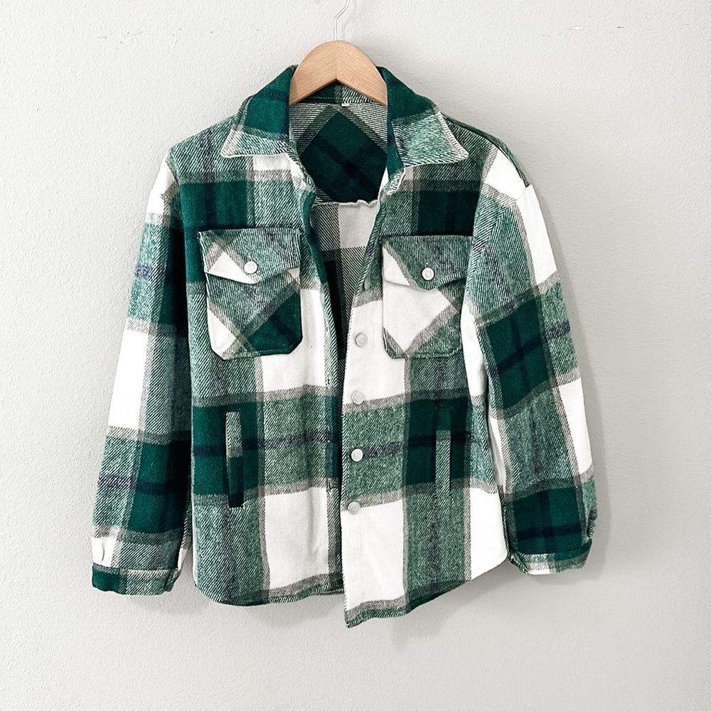 Plaid Shacket Women's Button Down White/Green/Gray XS